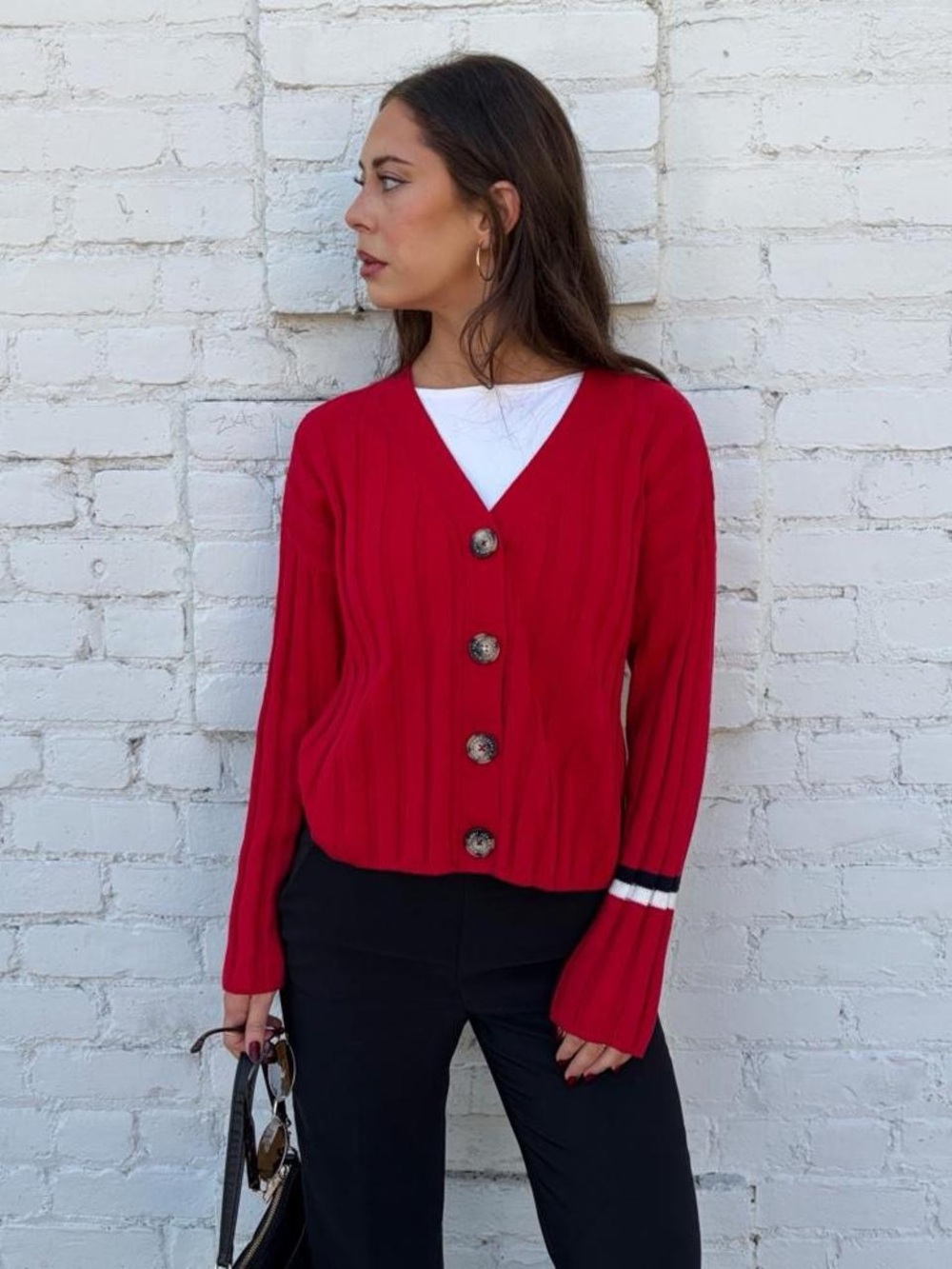 Tommy Hilfiger red ribbed knit cardigan with white and black striped cuffs